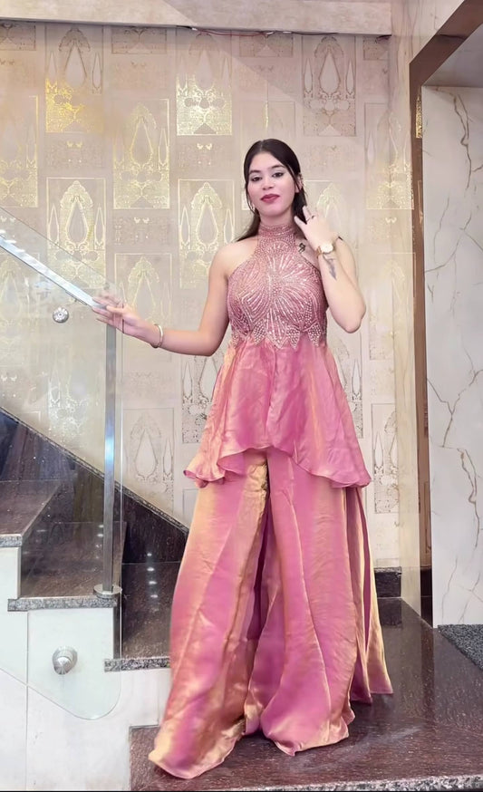 Designer Halter Neck Embroidered Silk Palazzo Set