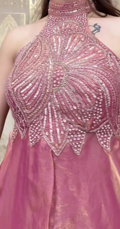 Designer Halter Neck Embroidered Silk Palazzo Set