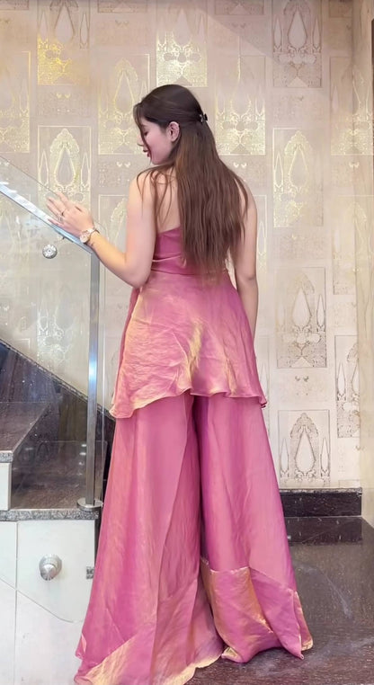 Designer Halter Neck Embroidered Silk Palazzo Set