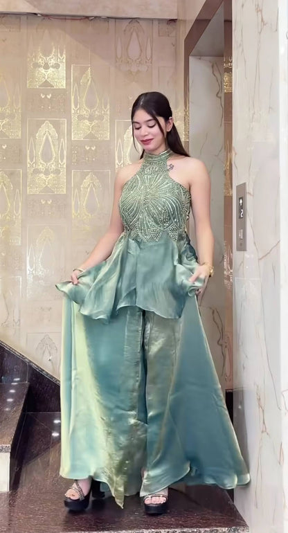 Designer Halter Neck Embroidered Silk Palazzo Set