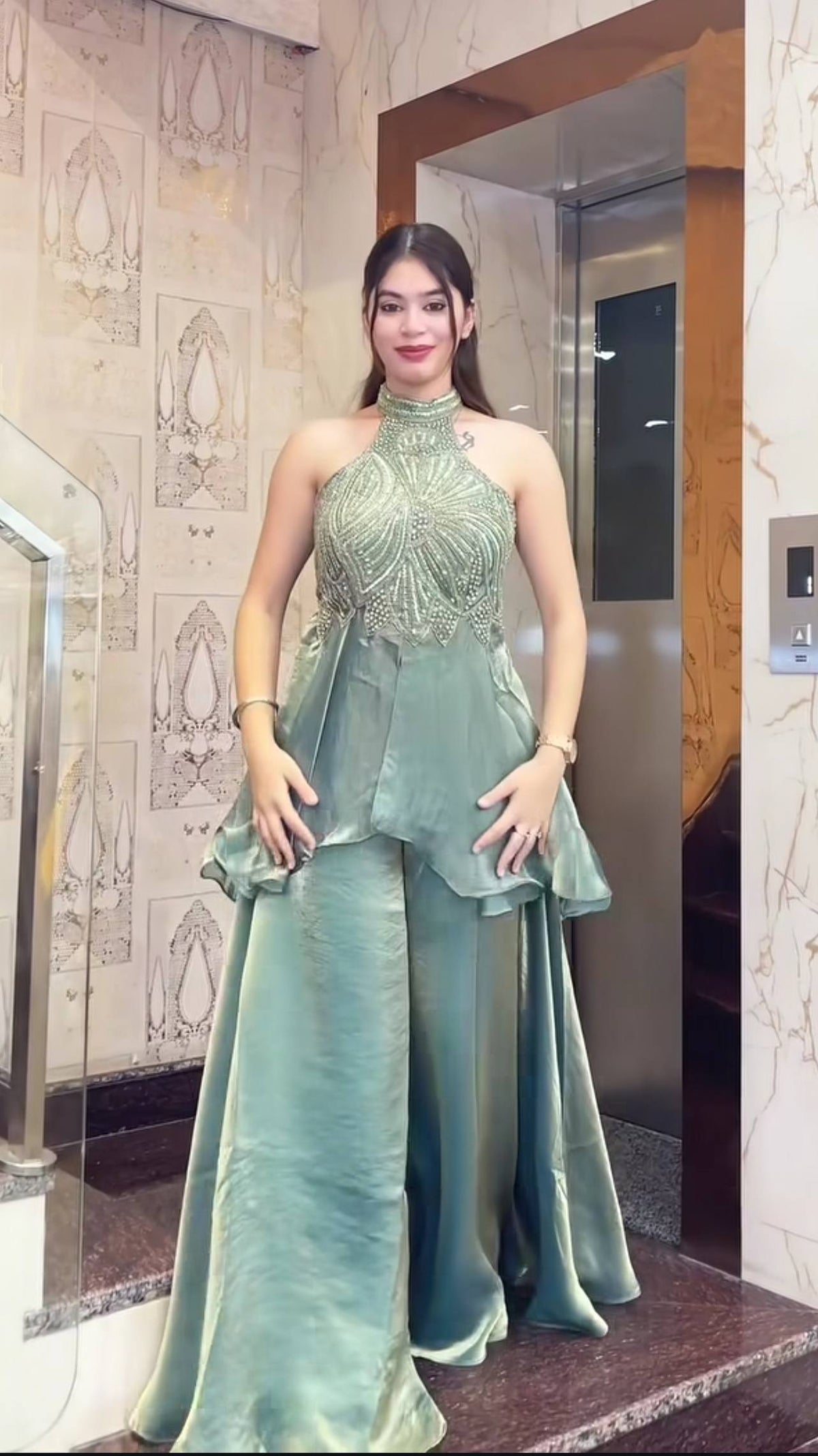Designer Halter Neck Embroidered Silk Palazzo Set