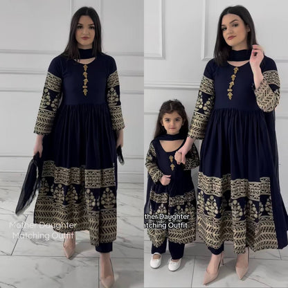Navy Blue Embroidered Rayon Anarkali Kurta Set with Pant & Dupatta
