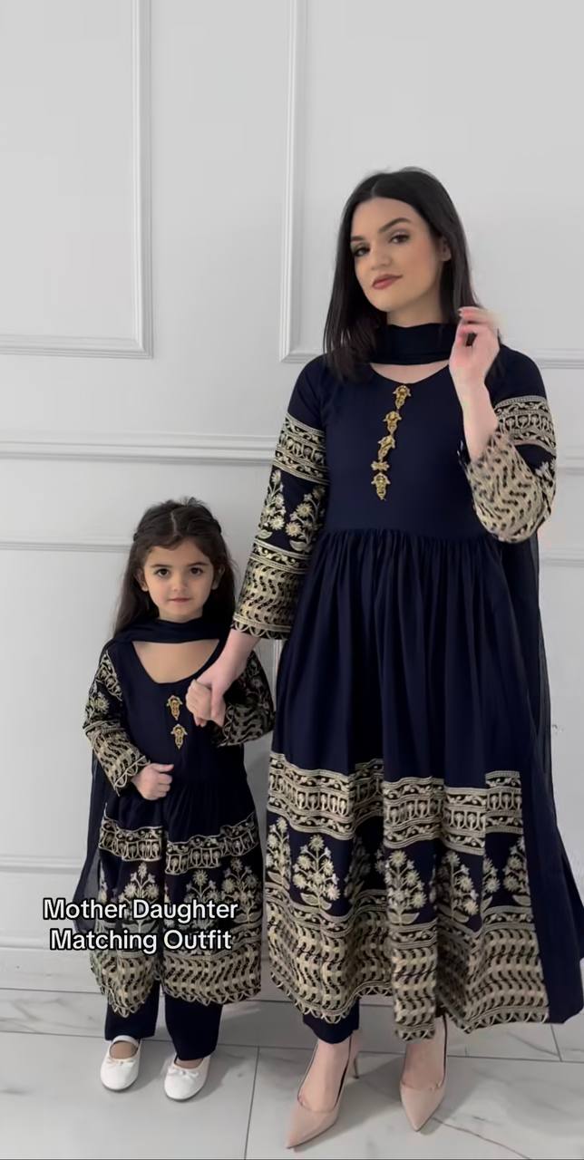 Navy Blue Embroidered Rayon Anarkali Kurta Set with Pant & Dupatta