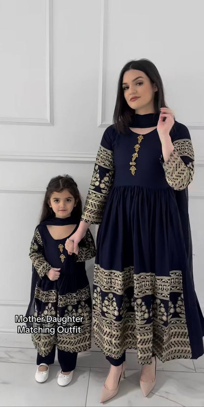 Navy Blue Embroidered Rayon Anarkali Kurta Set with Pant & Dupatta