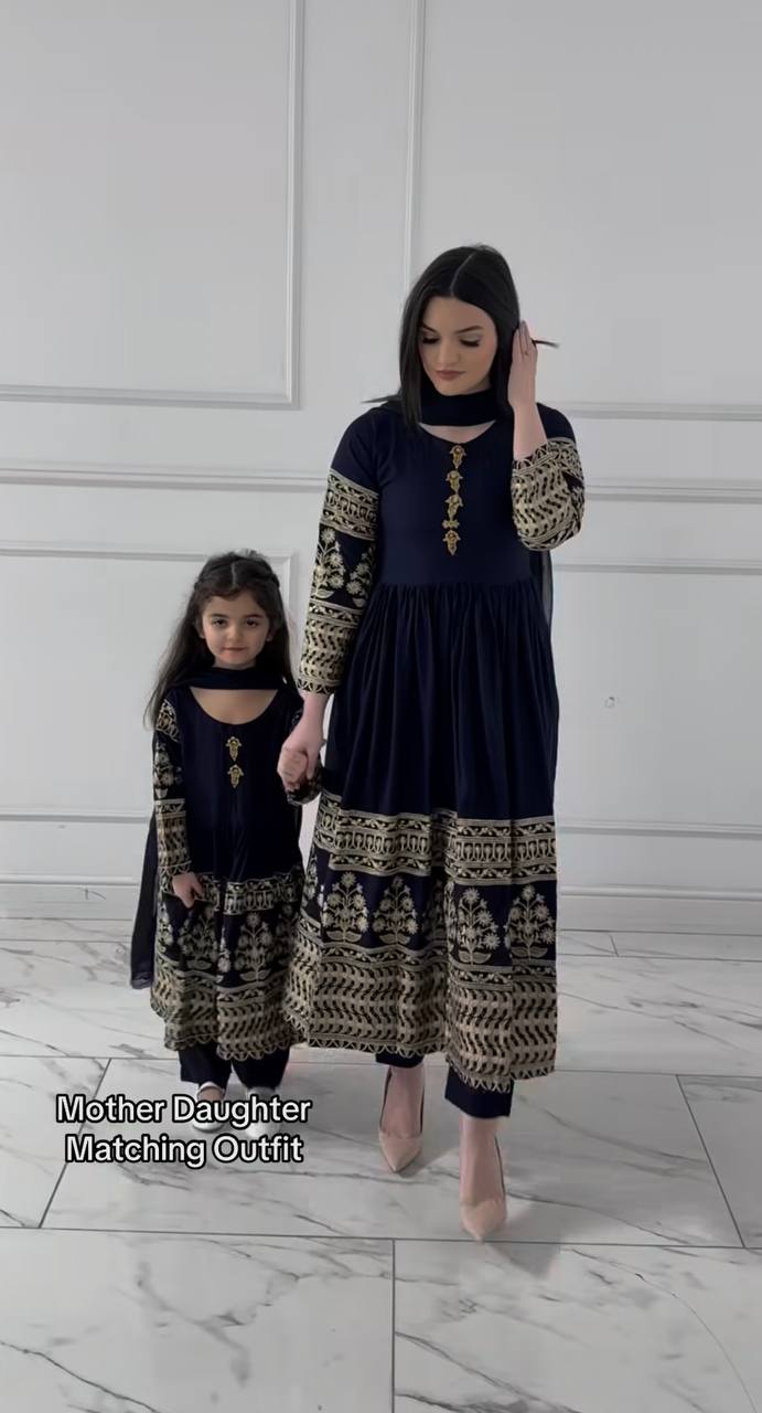 Navy Blue Embroidered Rayon Anarkali Kurta Set with Pant & Dupatta