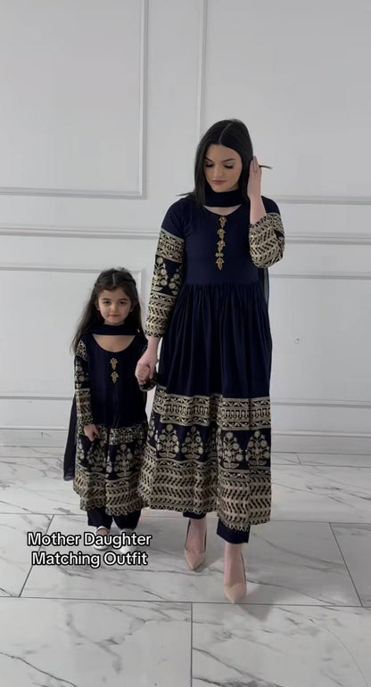 Navy Blue Embroidered Rayon Anarkali Kurta Set with Pant & Dupatta