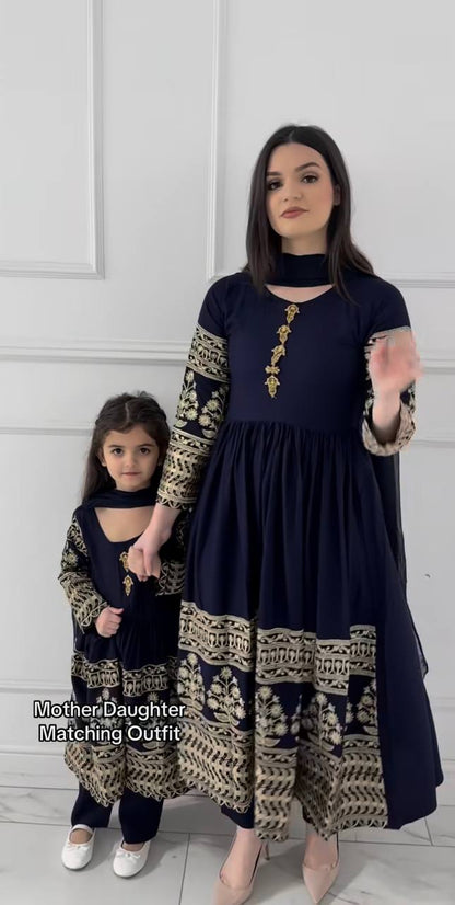 Navy Blue Embroidered Rayon Anarkali Kurta Set with Pant & Dupatta