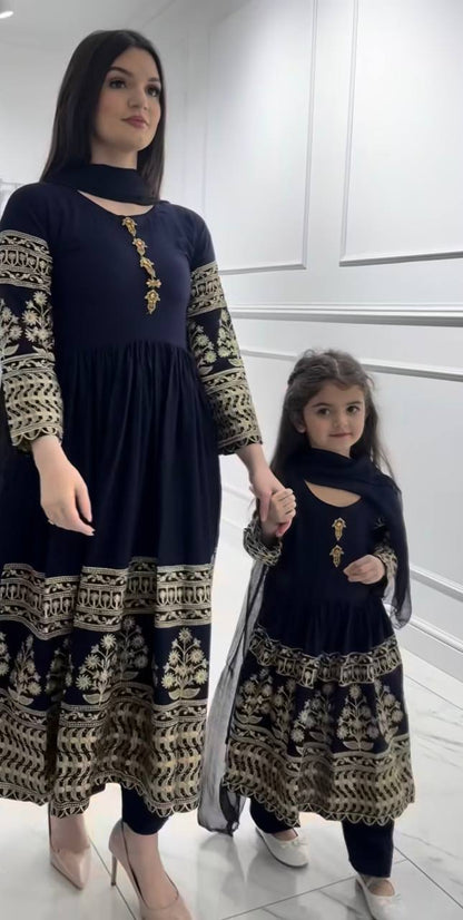 Navy Blue Embroidered Rayon Anarkali Kurta Set with Pant & Dupatta