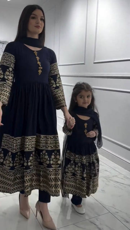 Navy Blue Embroidered Rayon Anarkali Kurta Set with Pant & Dupatta