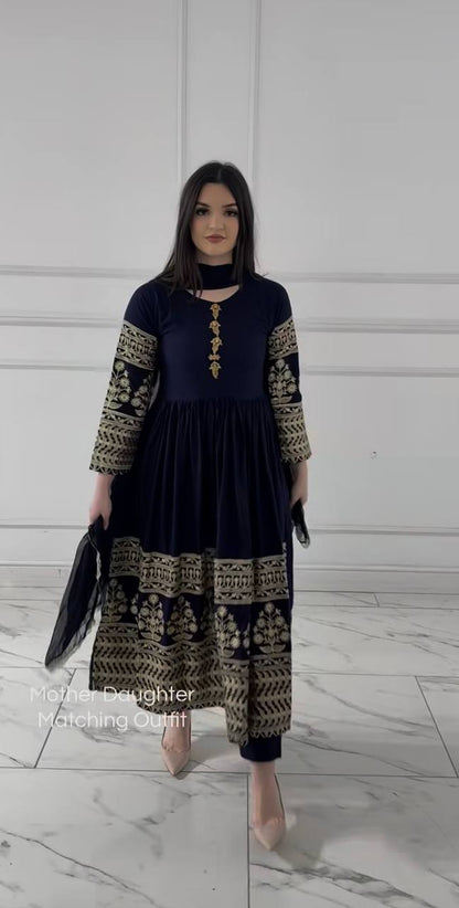 Navy Blue Embroidered Rayon Anarkali Kurta Set with Pant & Dupatta