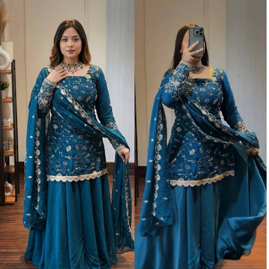 Teal Blue Floral Embroidered Organza Anarkali Suit Set