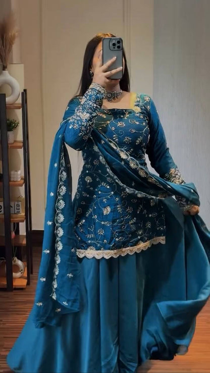 Teal Blue Floral Embroidered Organza Anarkali Suit Set