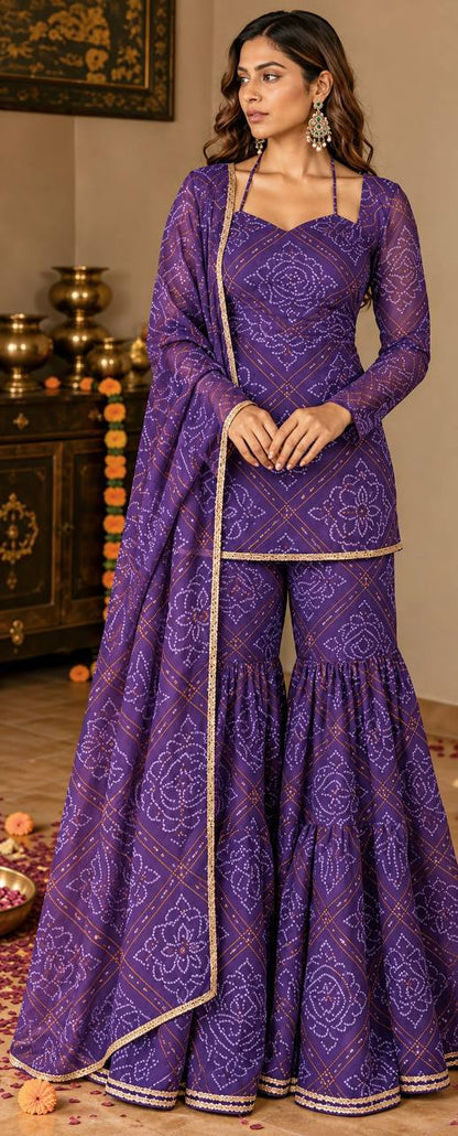 Purple Bandhani Printed Peplum Sharara Suit Set with Dupatta