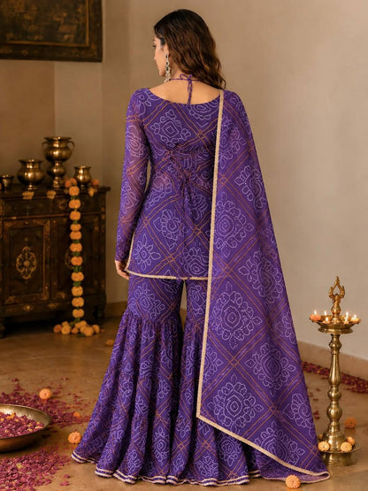 Purple Bandhani Printed Peplum Sharara Suit Set with Dupatta