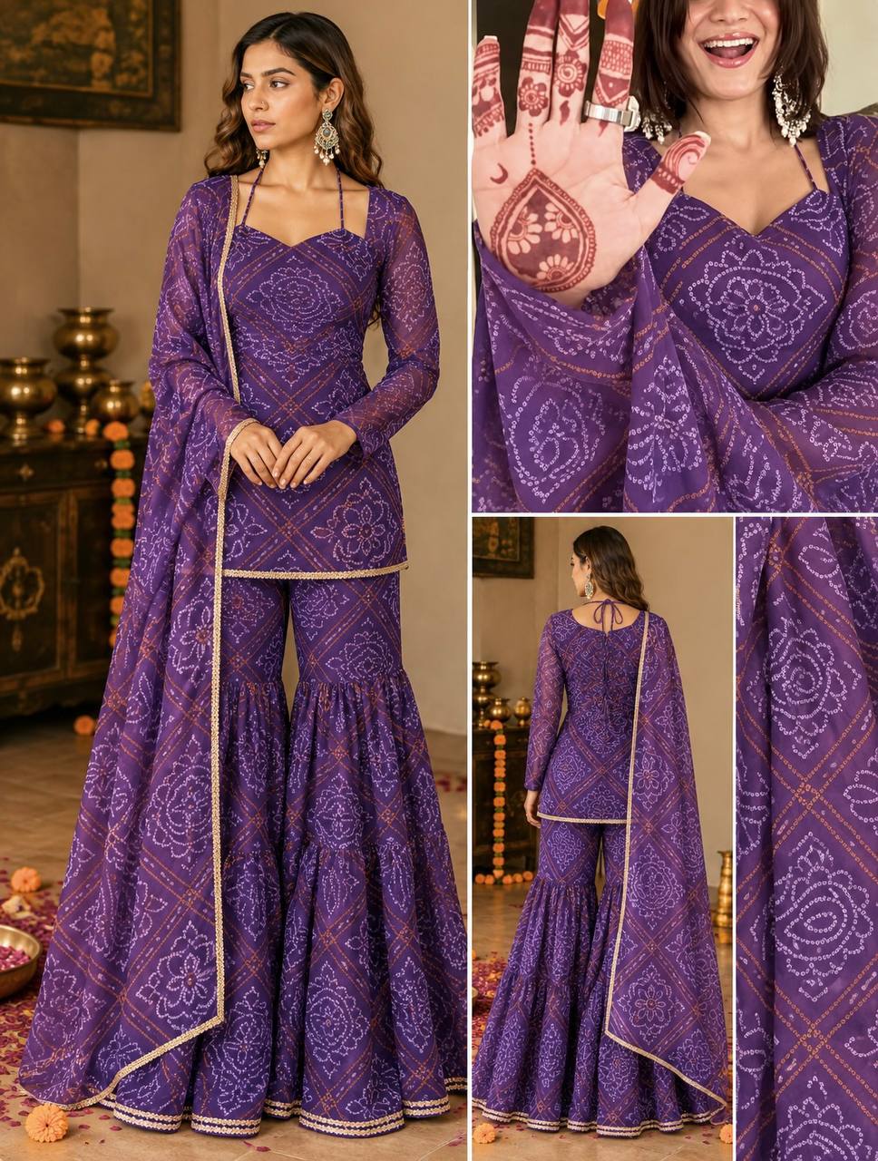 Purple Bandhani Printed Peplum Sharara Suit Set with Dupatta