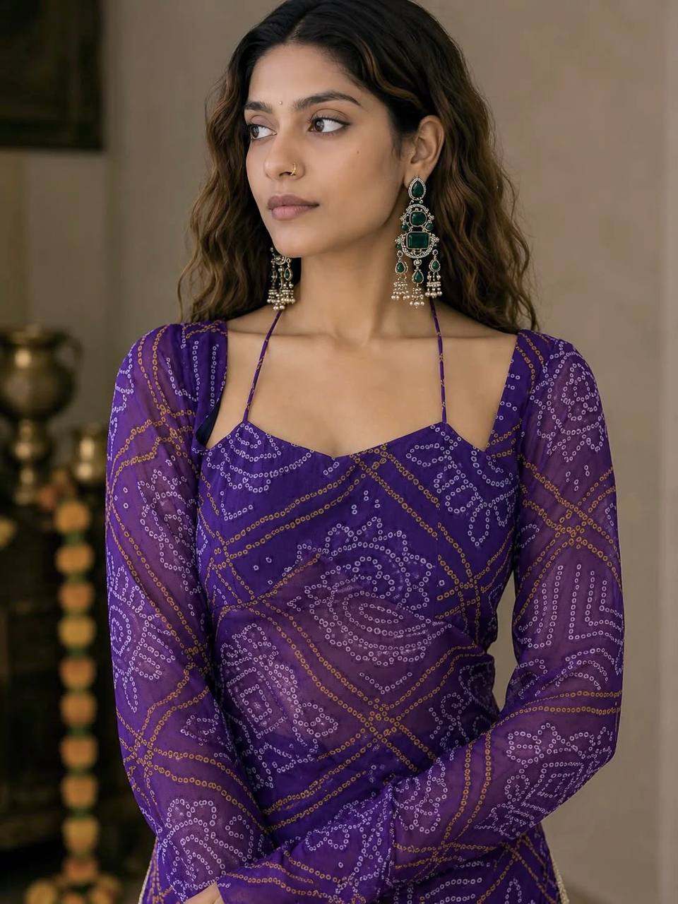 Purple Bandhani Printed Peplum Sharara Suit Set with Dupatta