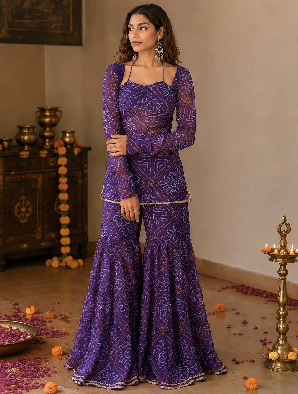Purple Bandhani Printed Peplum Sharara Suit Set with Dupatta