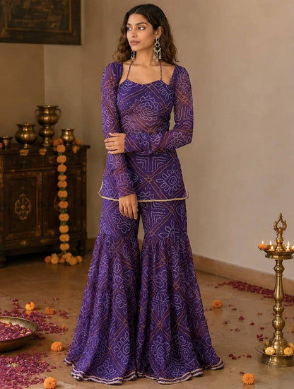Purple Bandhani Printed Peplum Sharara Suit Set with Dupatta