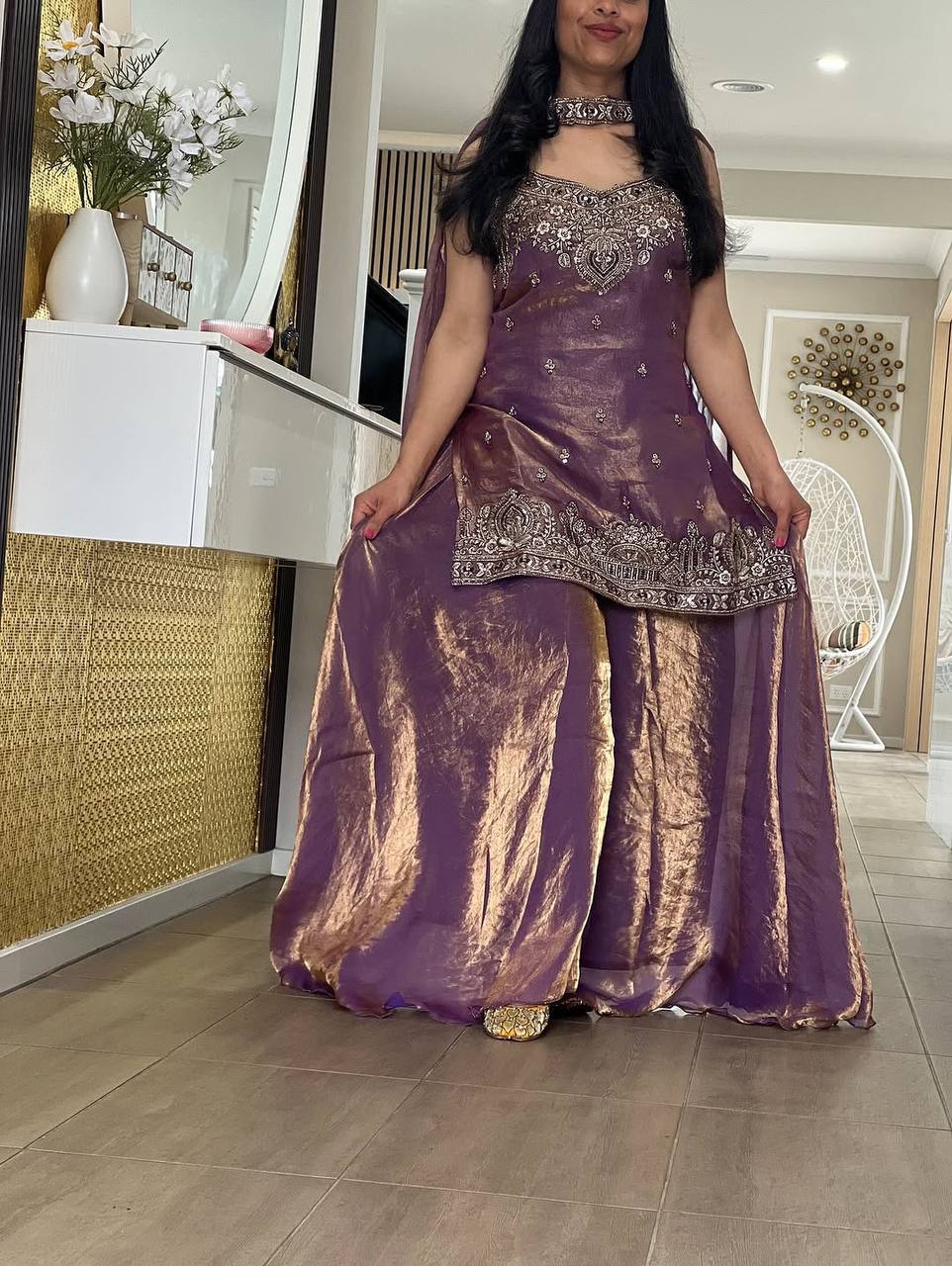 Luxury Embellished Sharara Set in Purple Gold