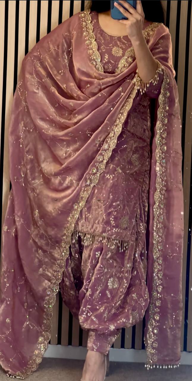 Premium Rose Pink Heavy Embroidery Suit Set