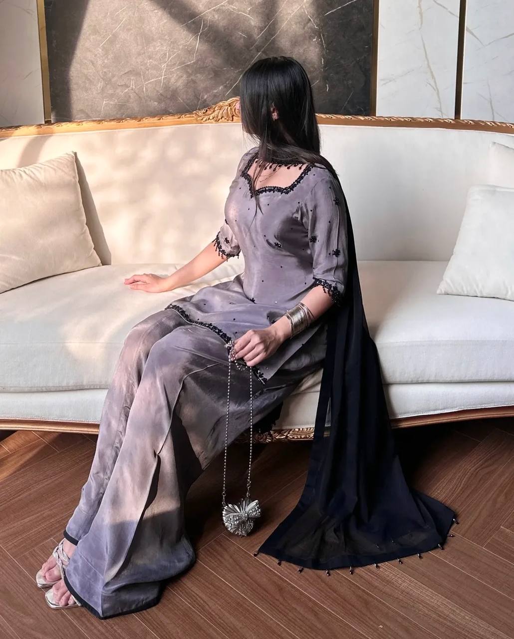 Luxury Grey Party Wear Kurta Palazzo Set with Beautiful Hand Embroidery