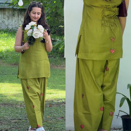 Lime Green Cotton Blend Strawberry Embroidered Straight Kurta with Farshi salwar Set