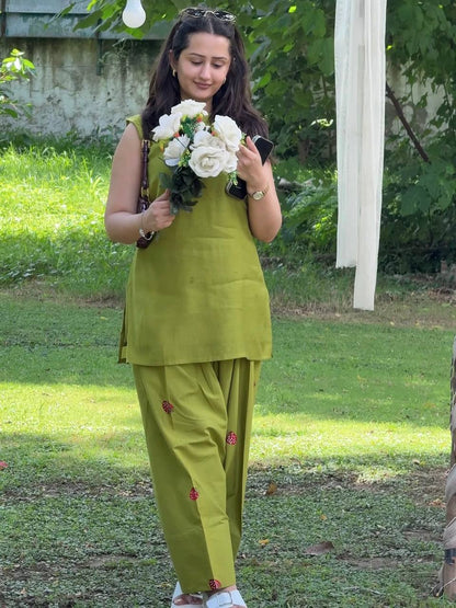 Lime Green Cotton Blend Strawberry Embroidered Straight Kurta with Farshi salwar Set