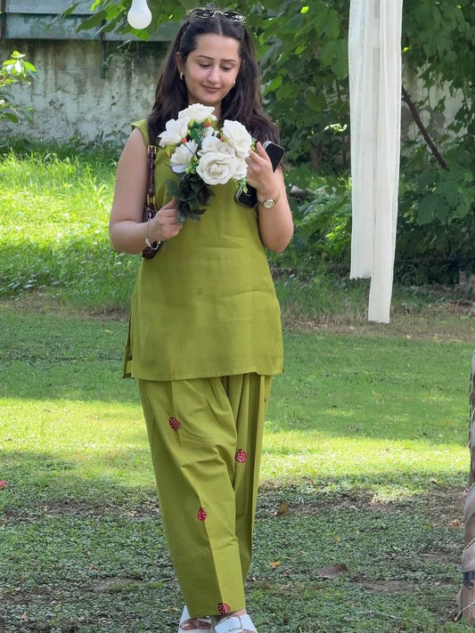 Lime Green Cotton Blend Strawberry Embroidered Straight Kurta with Farshi salwar Set