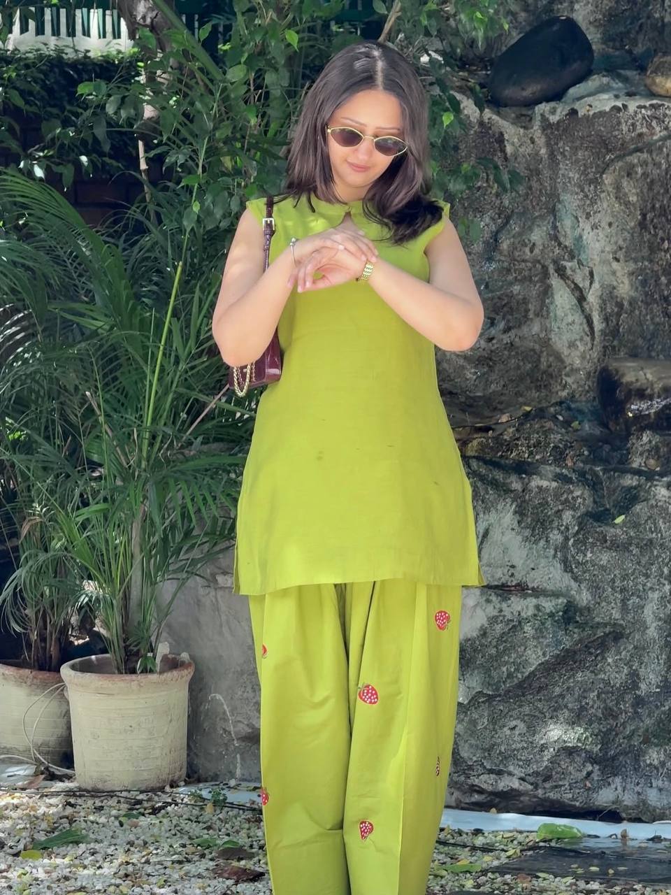 Lime Green Cotton Blend Strawberry Embroidered Straight Kurta with Farshi salwar Set