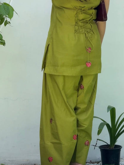 Lime Green Cotton Blend Strawberry Embroidered Straight Kurta with Farshi salwar Set