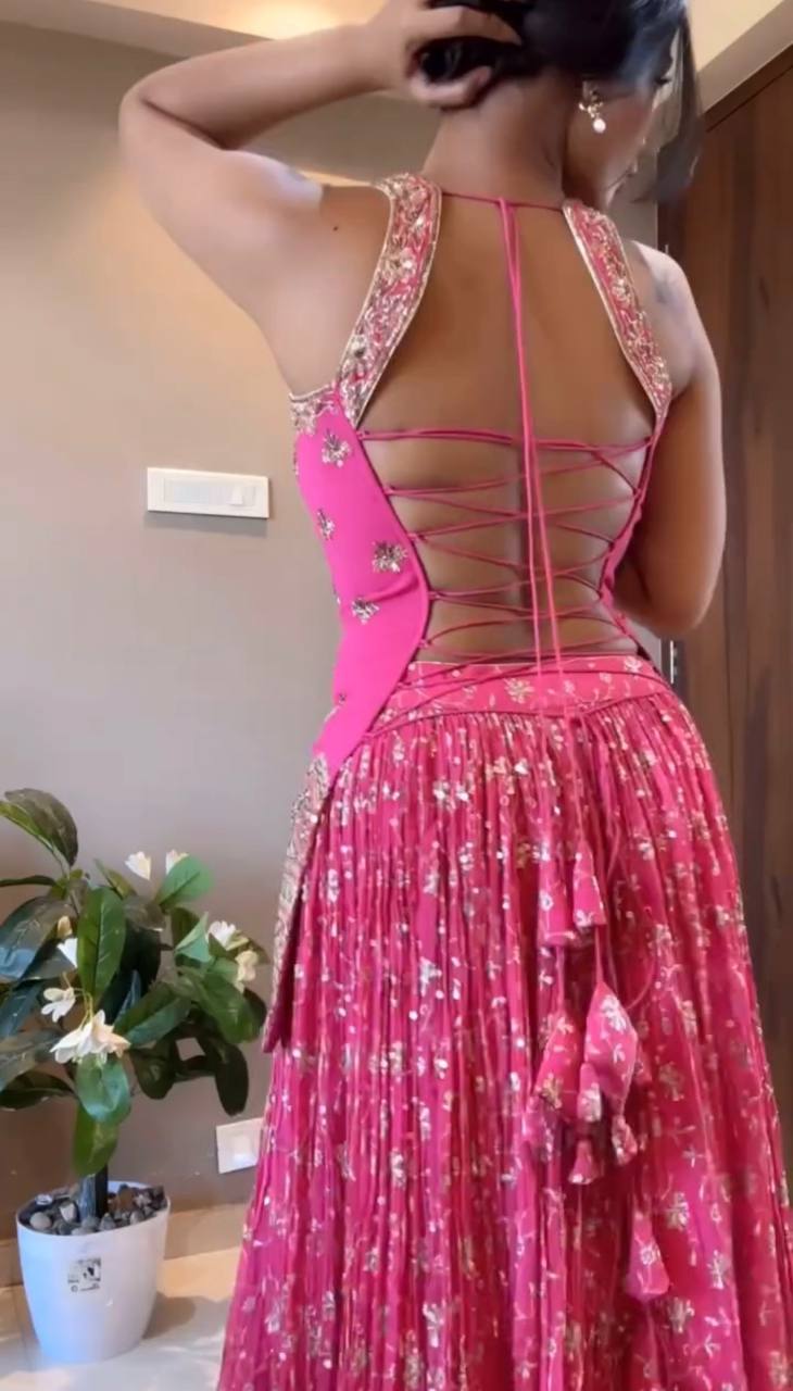 Rani Pink Heavy Embroidered Lehenga Choli Set