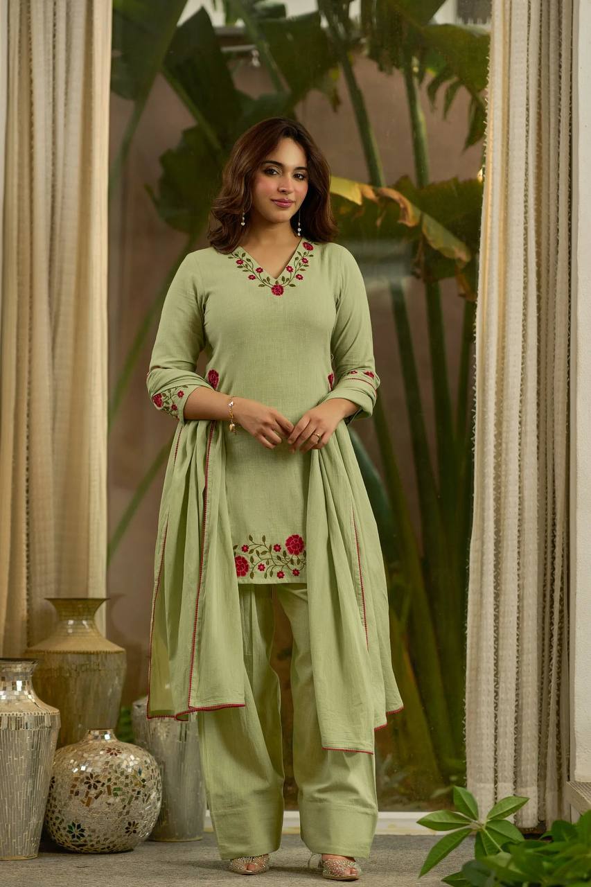 Pastel Green Floral Embroidered Cotton Straight Suit Set with Farshi salwar & Dupatta
