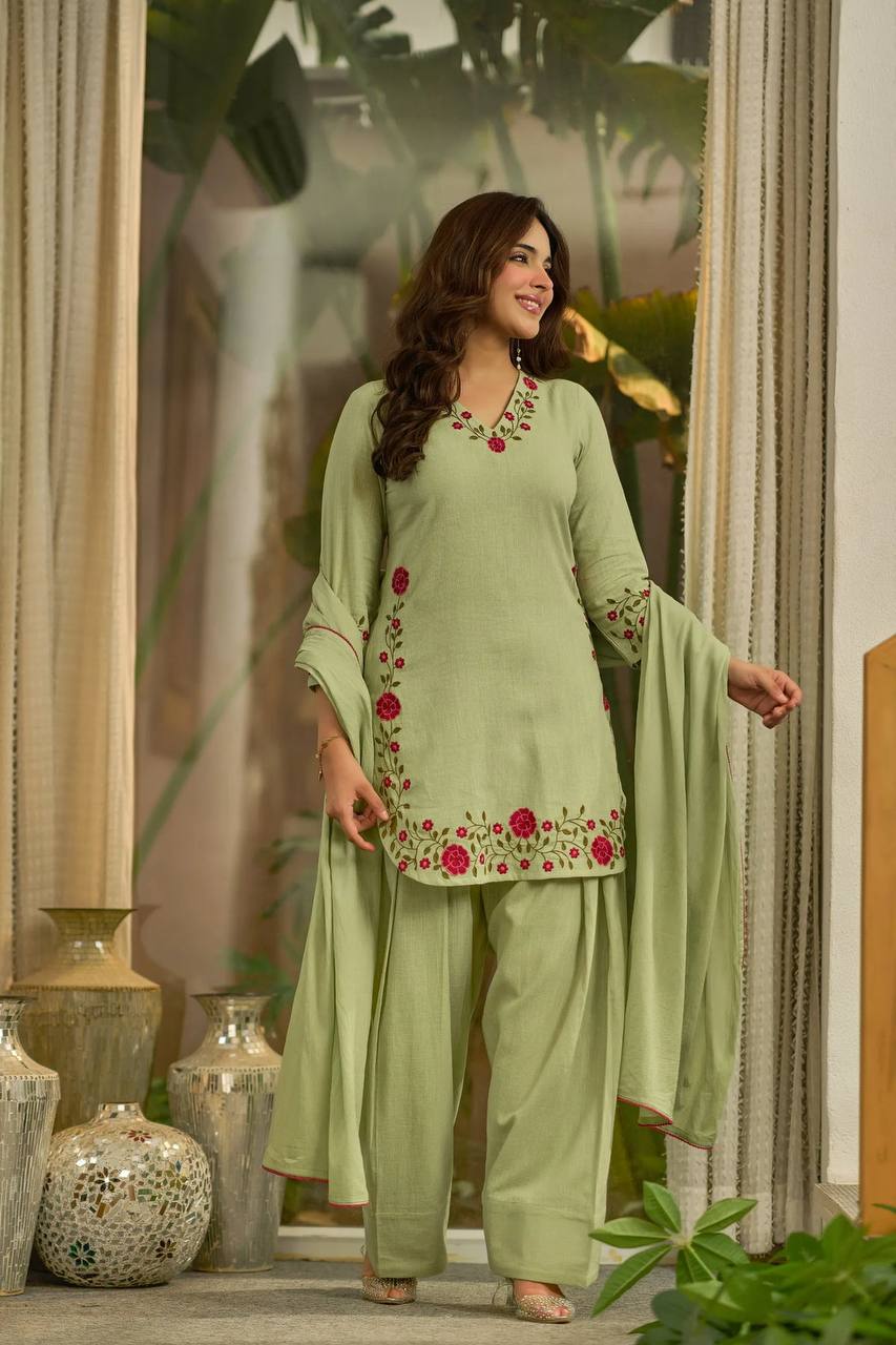 Pastel Green Floral Embroidered Cotton Straight Suit Set with Farshi salwar & Dupatta