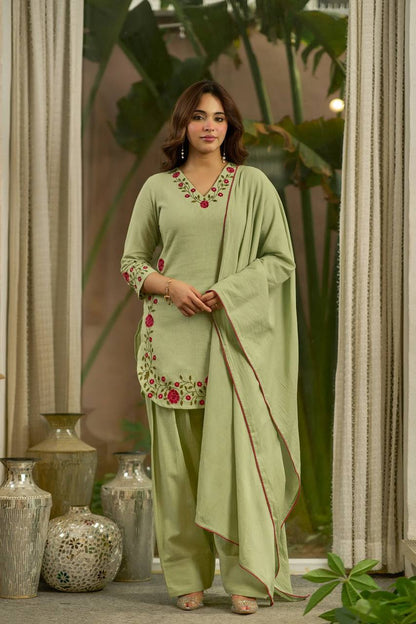 Pastel Green Floral Embroidered Cotton Straight Suit Set with Farshi salwar & Dupatta
