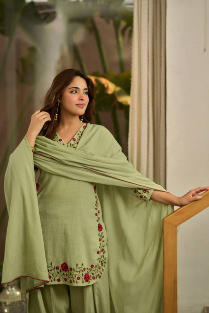 Pastel Green Floral Embroidered Cotton Straight Suit Set with Farshi salwar & Dupatta