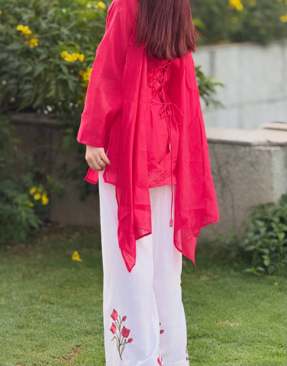 Pink Solid Cotton Kurta with Floral Embroidered White Palazzo Suit Set