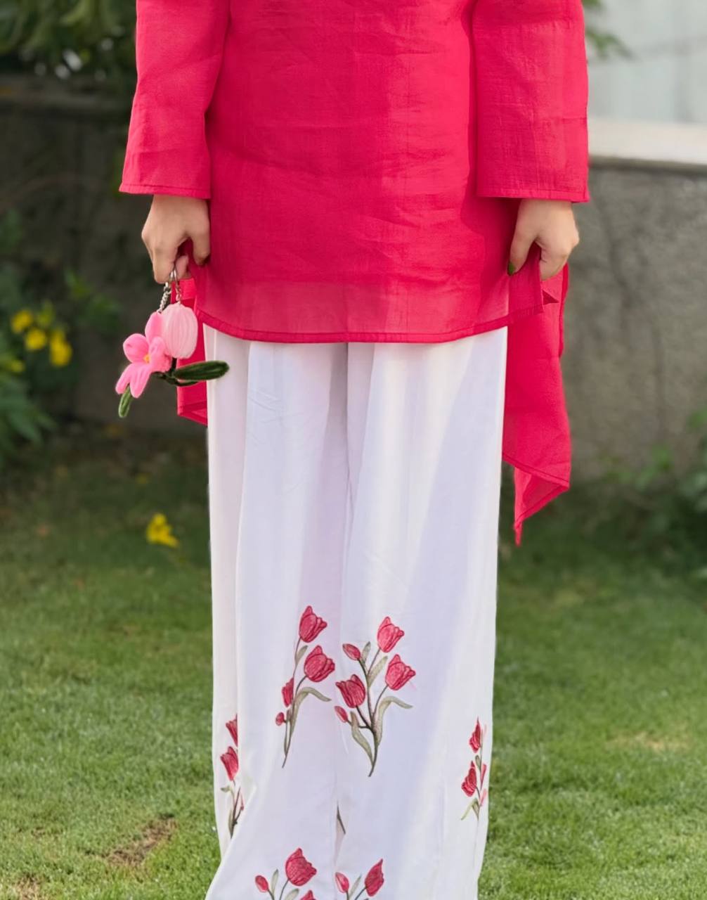 Pink Solid Cotton Kurta with Floral Embroidered White Palazzo Suit Set