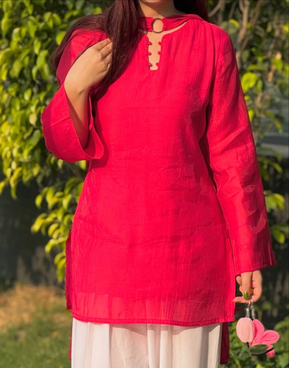 Pink Solid Cotton Kurta with Floral Embroidered White Palazzo Suit Set