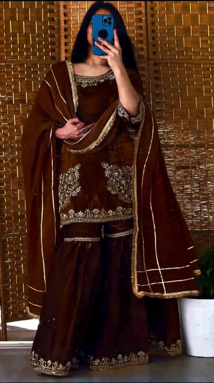 Chocolate Brown Floral Embroidery Velvet Fully Stitched Straight Kurta Palazzo