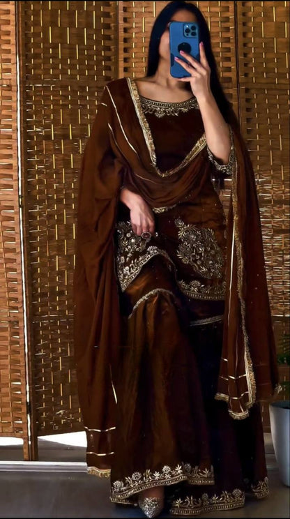 Chocolate Brown Floral Embroidery Velvet Fully Stitched Straight Kurta Palazzo