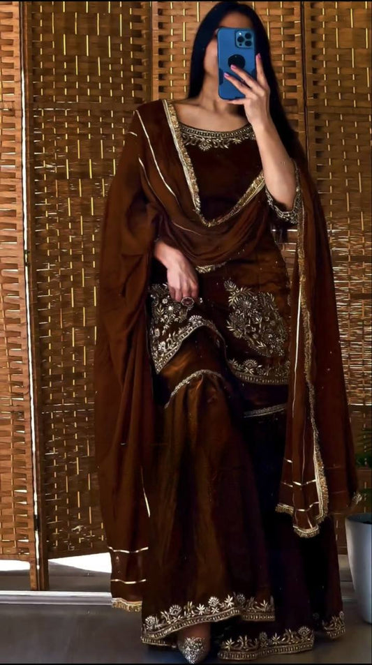 Chocolate Brown Floral Embroidery Velvet Fully Stitched Straight Kurta Palazzo