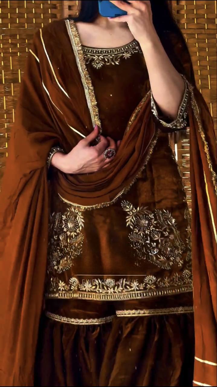 Chocolate Brown Floral Embroidery Velvet Fully Stitched Straight Kurta Palazzo