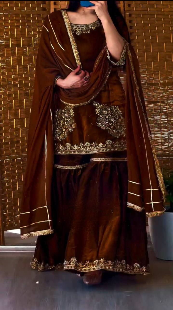 Chocolate Brown Floral Embroidery Velvet Fully Stitched Straight Kurta Palazzo