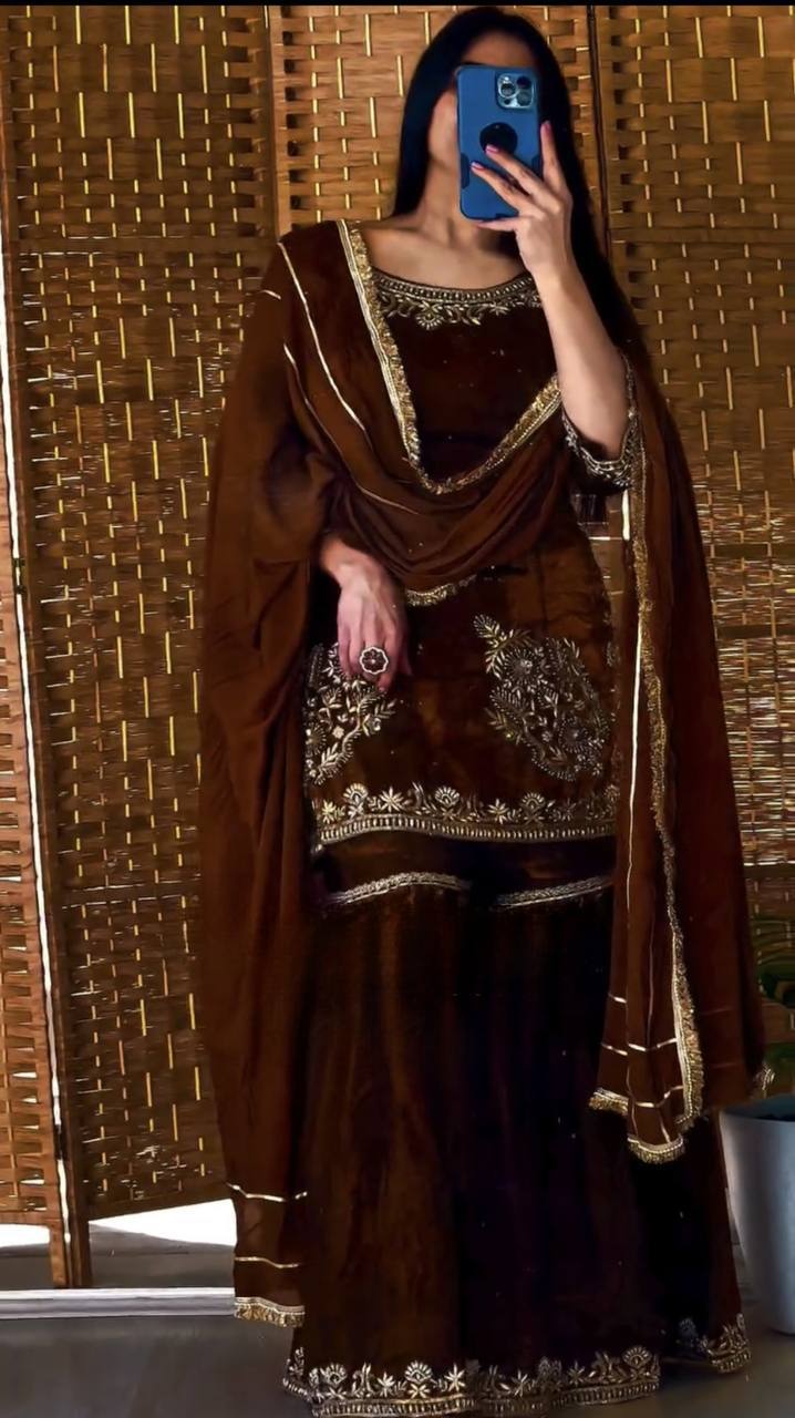 Chocolate Brown Floral Embroidery Velvet Fully Stitched Straight Kurta Palazzo