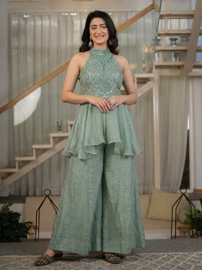 Manvi Sequin Embroidered Peplum Palazzo Co-ord Set