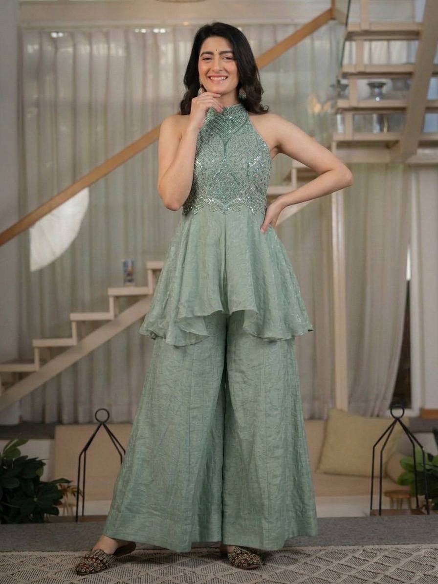 Manvi Sequin Embroidered Peplum Palazzo Co-ord Set
