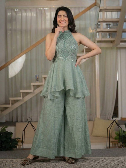 Manvi Sequin Embroidered Peplum Palazzo Co-ord Set