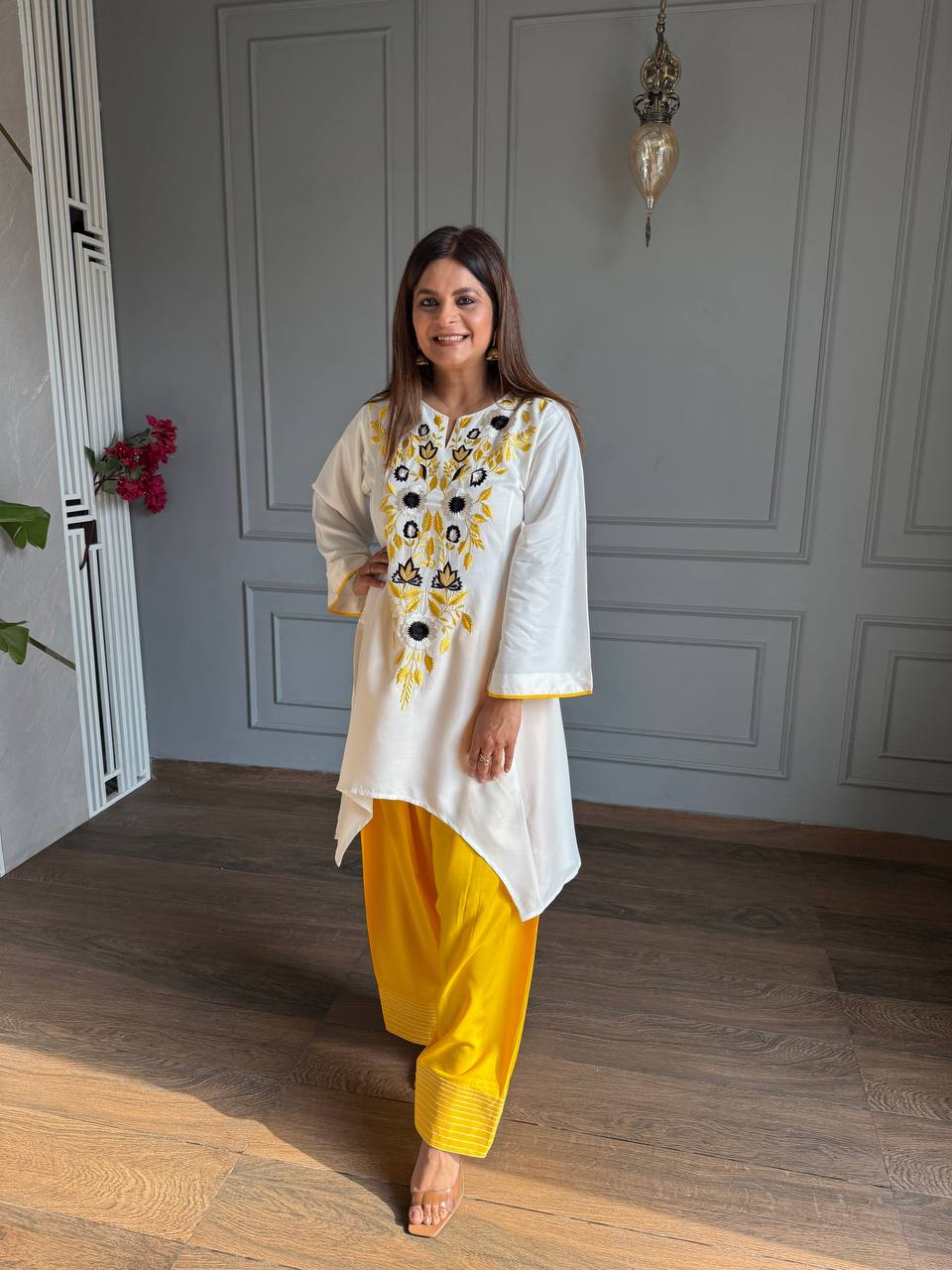 vory Floral Embroidered Rayon A-Line Kurta with Green Palazzo Set