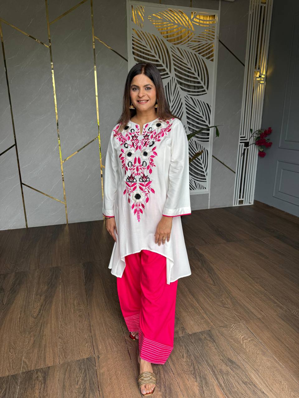 vory Floral Embroidered Rayon A-Line Kurta with Green Palazzo Set