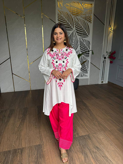 vory Floral Embroidered Rayon A-Line Kurta with Green Palazzo Set